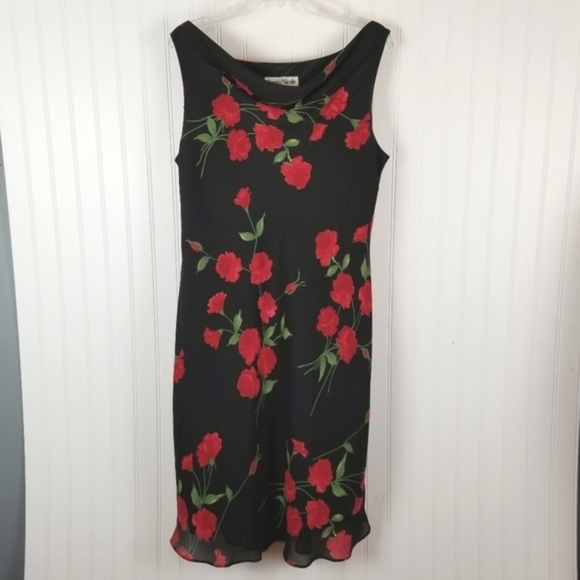 Womens Midi Dress Size 14 Black Red Floral Cowlneck Whimsigoth Fairy Grunge Y2K - Picture 5 of 11